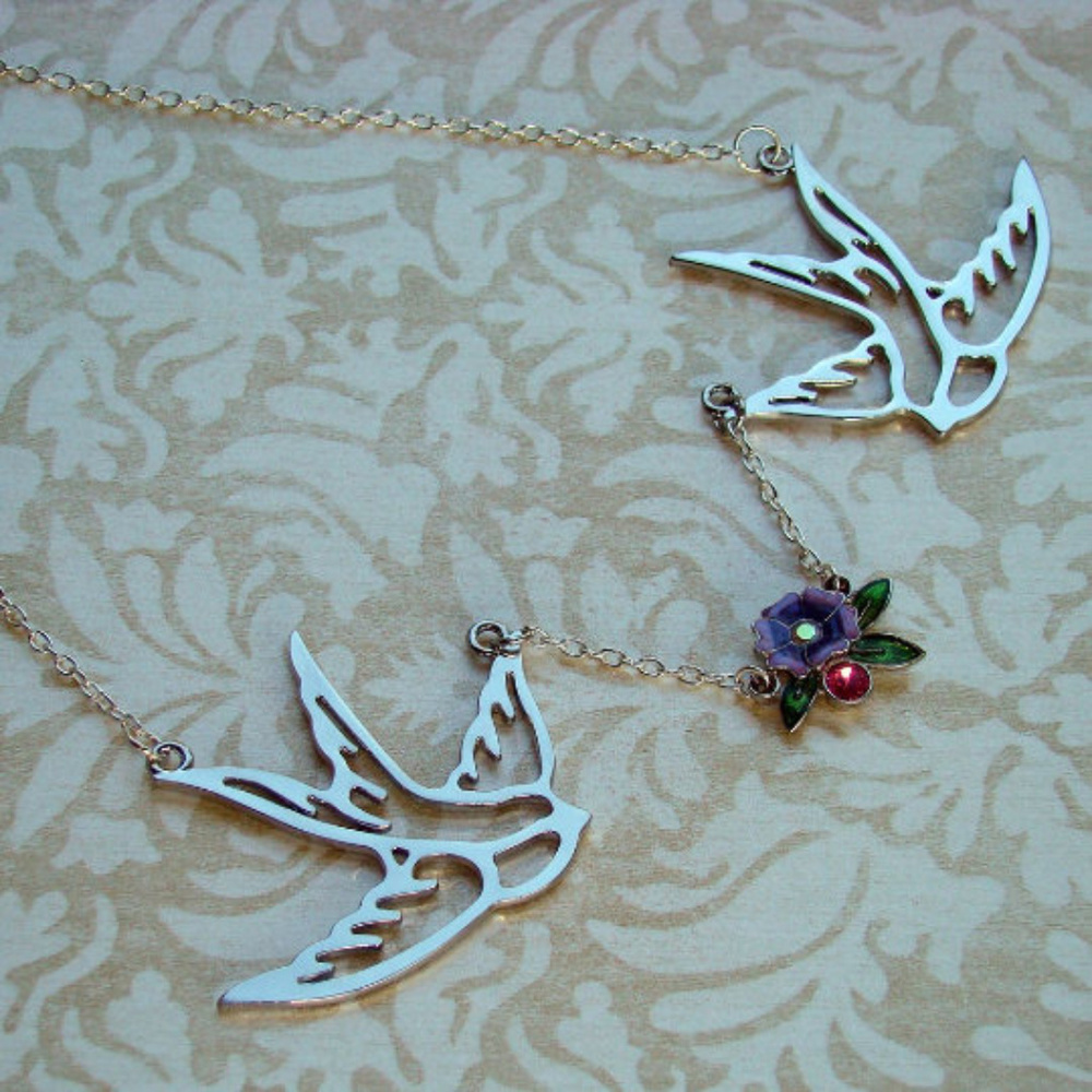 Tattoo Inspired Silver Swallow Flower Necklace